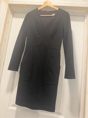 DKNY Black Long Sleeve V‑Neck Sheath Dress with Front Pockets
